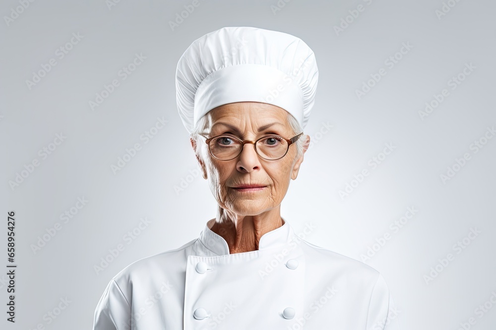 Portrait of a smiling senior female chef and cook on gray background. Portrait of a smiling senior female chef and cook on gray background.
