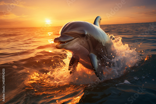 Dolphin playing in the waves at sunset