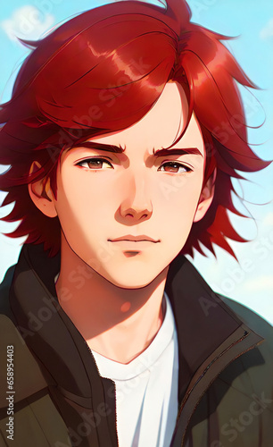 An anime boy with long flowing red hair and a determined look. Manga style, anime style, japanese cartoon, anime man, anime character.