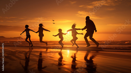 United in Joyful Leaps An Asian Family Hand-in-Hand, Ascending in Jubilant Jumps against a Painted Sunset Beachscape