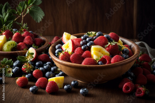 Mixed fresh fruits  strawberry  raspberry  blueberry  kiwi  mango  in a bowl  placed on table