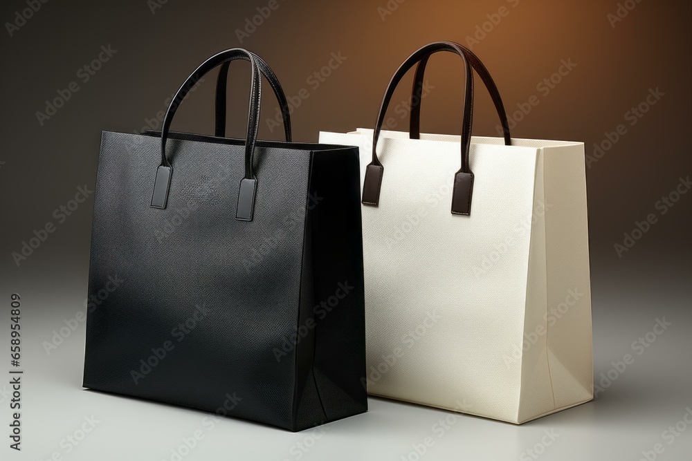 Maquette, deux sacs à provisions en papier blanc et noir Maquette, deux sacs à provisions en papier blanc et noir