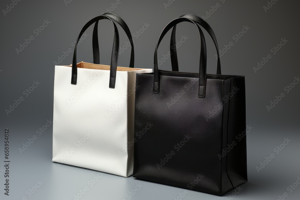 Maquette, deux sacs à provisions en papier blanc et noir Maquette, deux sacs à provisions en papier blanc et noir