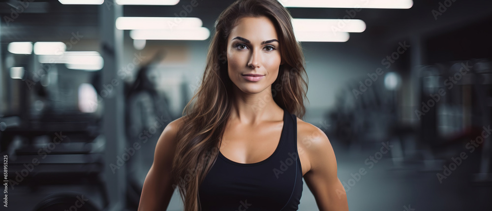 Fototapeta premium portrait of a woman in a gym, with empty copy space