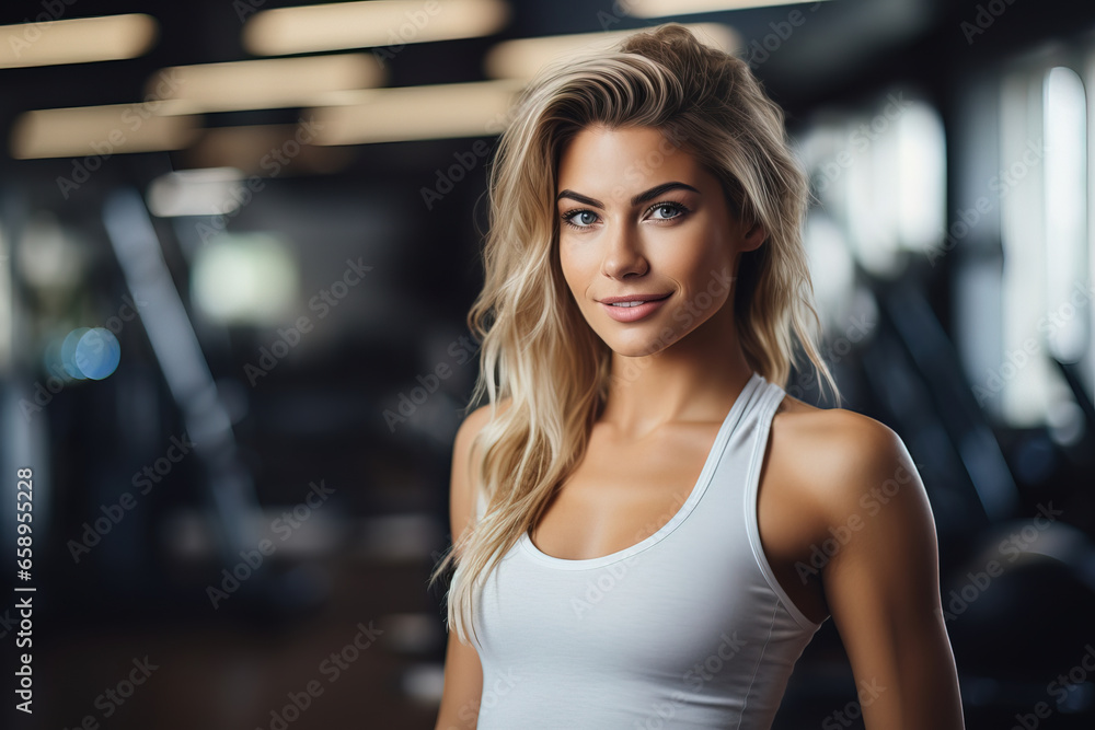 portrait of a woman in a gym, with empty copy space