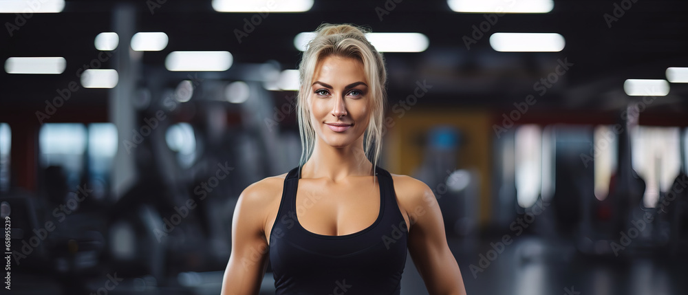 Fototapeta premium portrait of a woman in a gym, with empty copy space