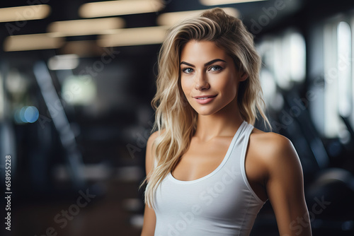 portrait of a woman in a gym  with empty copy space