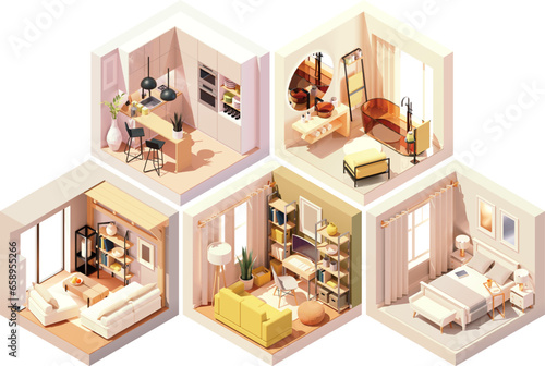 Vector isometric home rooms set. Rooms cross-sections. Bedroom, living room, kitchen, home office, dining room. Furniture and decoration
