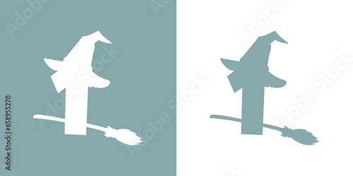 Icono cifra número 1 con silueta de sombrero de bruja volando en escoba. Logo para su uso en invitaciones y tarjetas de Halloween