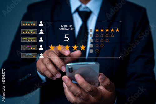Customer review satisfaction feedback survey concept, User give rating to service experience on online application, Customer can evaluate quality of service leading to reputation ranking of business.-