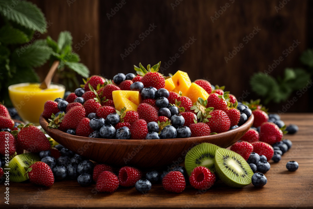 Mixed fresh fruits (strawberry, raspberry, blueberry, kiwi, mango) in a bowl, placed on table Mixed fresh fruits (strawberry, raspberry, blueberry, kiwi, mango) in a bowl, placed on table