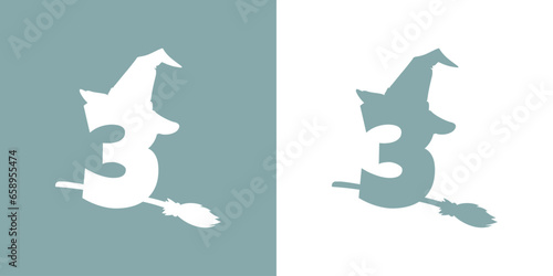 Icono cifra número 3 con silueta de sombrero de bruja volando en escoba. Logo para su uso en invitaciones y tarjetas de Halloween
