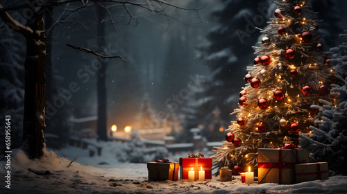 Christmas and New Year holidays background. Christmas tree, gifts and candles on the snow.