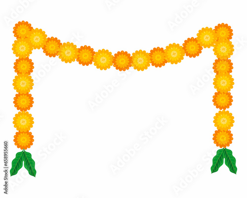 Traditional Indian floral garland with marigold flowers and mango leaves for Happy Diwali festival of light