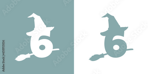 Icono cifra número 6 con silueta de sombrero de bruja volando en escoba. Logo para su uso en invitaciones y tarjetas de Halloween