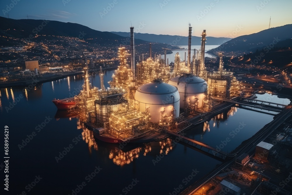 Close up details of industrial oil refinery plant. Dusk view of petroleum manufacturing facility - obrazy, fototapety, plakaty 