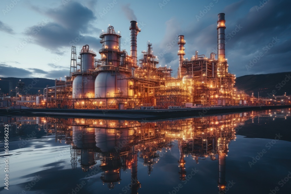 Close up details of industrial oil refinery plant. Dusk view of petroleum manufacturing facility