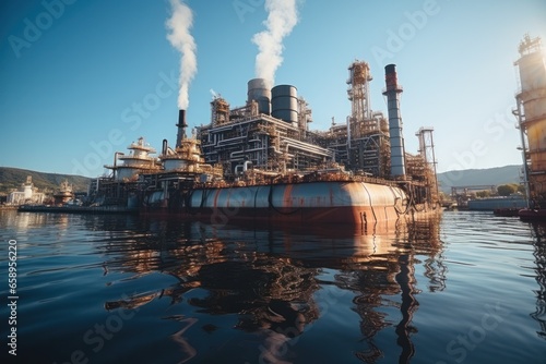 Close up details of industrial oil refinery plant. Dusk view of petroleum manufacturing facility