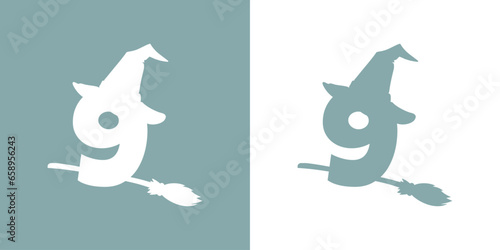Icono cifra número 9 con silueta de sombrero de bruja volando en escoba. Logo para su uso en invitaciones y tarjetas de Halloween