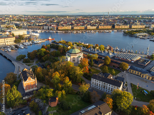 Stockholm, Sweden. High angle view of the island of Skeppsholmen in central stockholm, with autumn colours.
