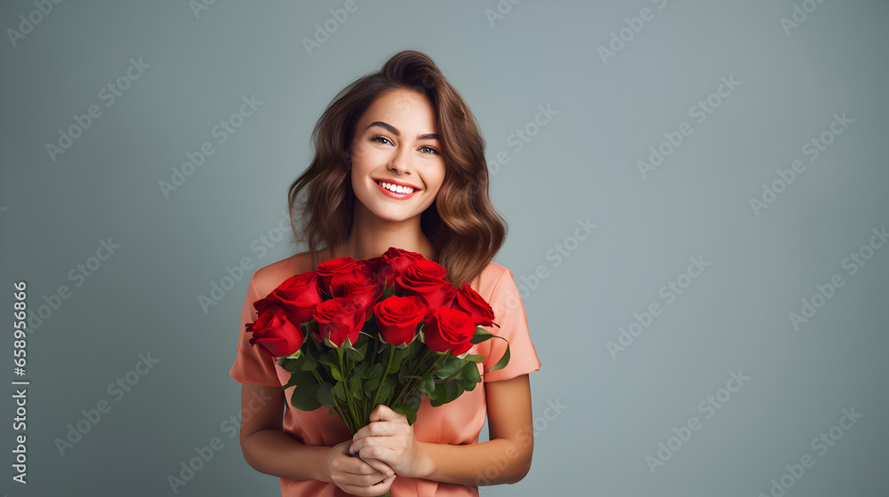 jeune femme brune qui porte un bouquet de roses rouges dans ses mains jeune femme brune qui porte un bouquet de roses rouges dans ses mains