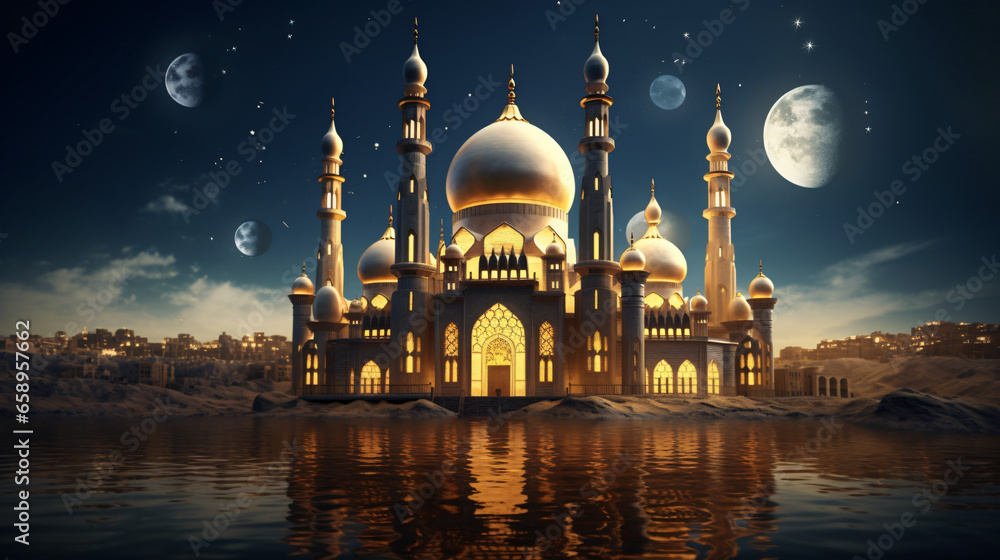 Realistic Golden Islamic Mosque with moon and lantern.