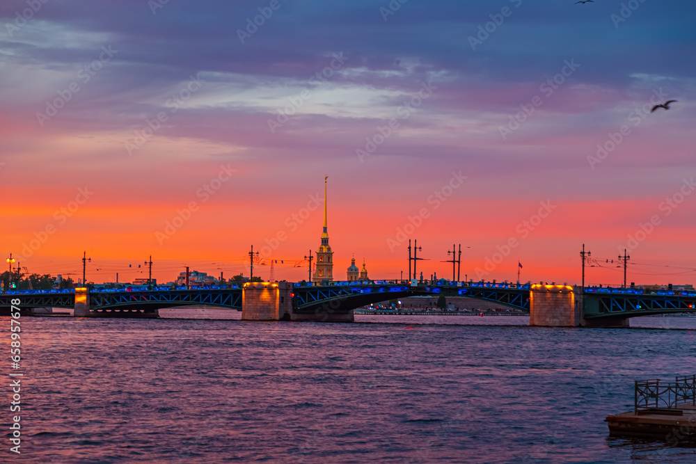 Palace Bridge and Peter and Paul Cathedral in St. Petersburg on a white night.