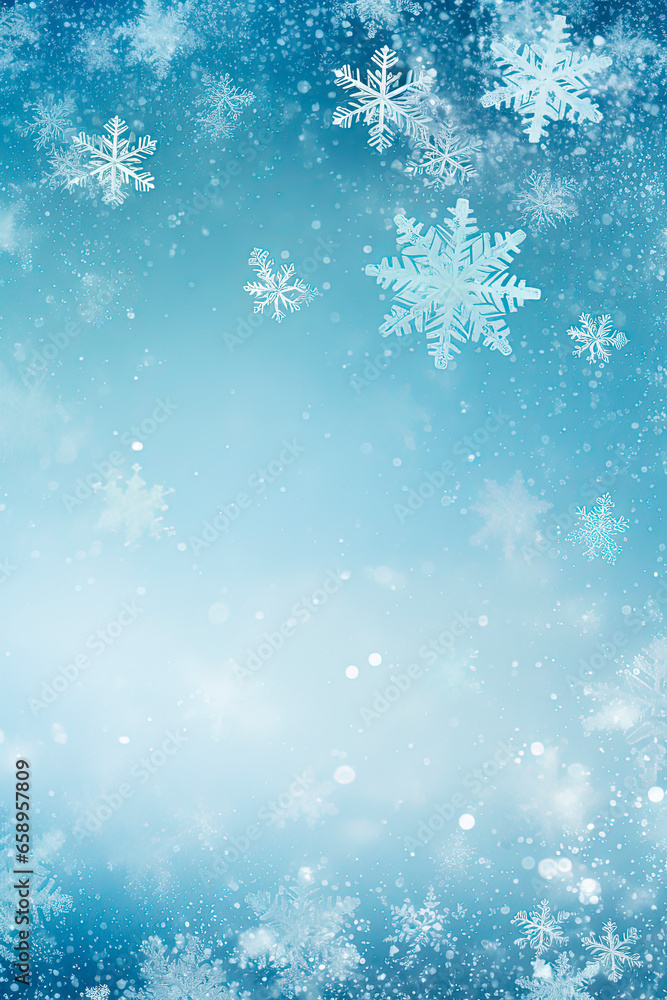 A group of snowflakes sitting on top of a snow. Blue background.Generative AI