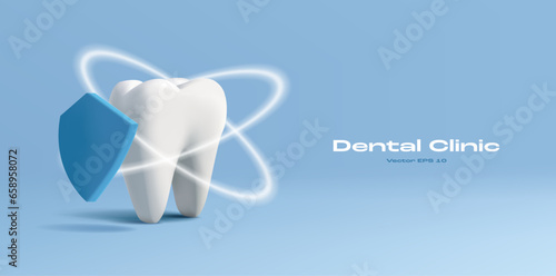 3D illustration of a tooth with shield icon and protective shiny circles, dental care banner