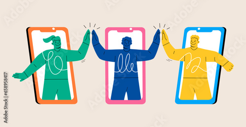 Group of young remote friends giving high five. Online communication in messenger concept. Colorful vector illustration