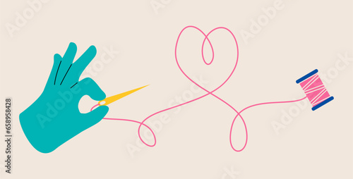 Hand holds a needle with thread. Colorful vector illustration