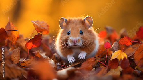 Hamster in autumn background with leaves  orange and red colors.
