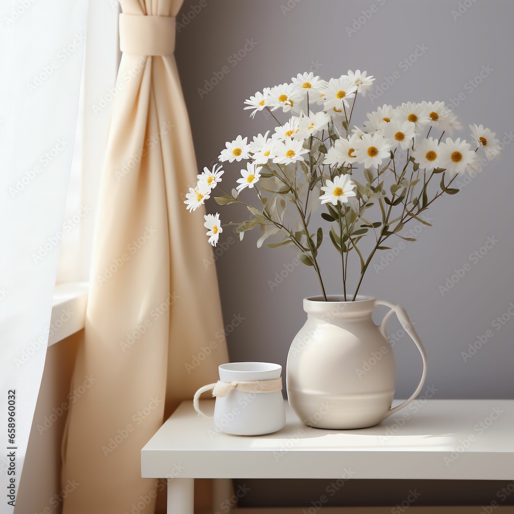 Cozy cute interior scene with flowers in a vase in soft beige colors