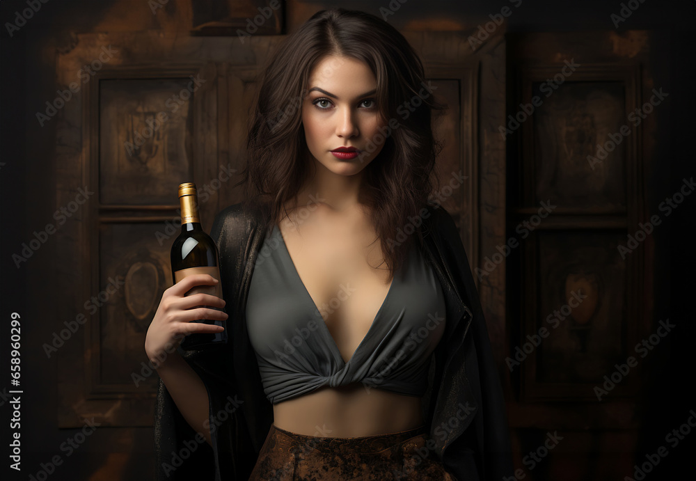 Elegant beautiful blonde woman posing in red dress and holding wine. Girl with long curly hair. Generative AI. Elegant beautiful blonde woman posing in red dress and holding wine. Girl with long curly hair. Generative AI.