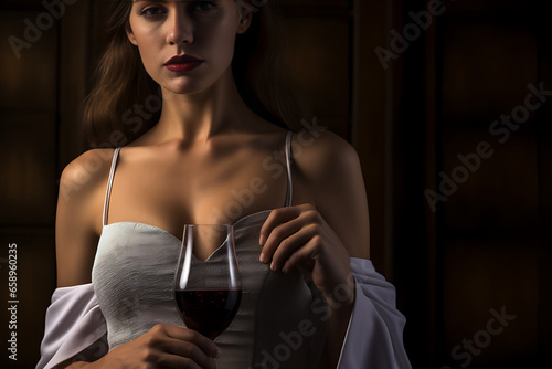 Elegant beautiful blonde woman posing in red dress and holding wine. Girl with long curly hair. Generative AI. © Surachetsh