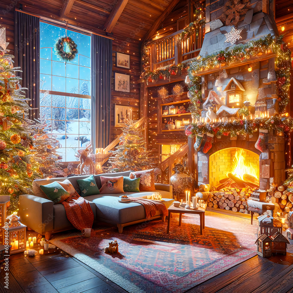 Modern decoration of christmas theme room, sofa, fire, coffee table, christmas tree, window in the side.