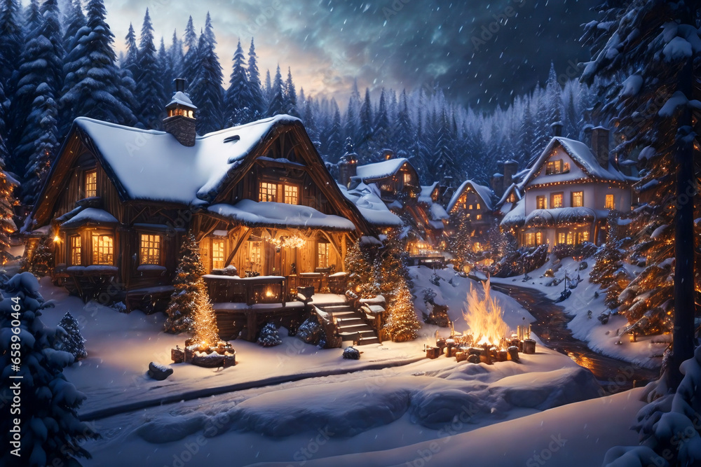 A cozy Christmas village nestled in a snowy forest, with twinkling ...