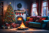 Modern interior design with christmas decoration. Sofa, fireplace, christmas tree and light from outside the window.