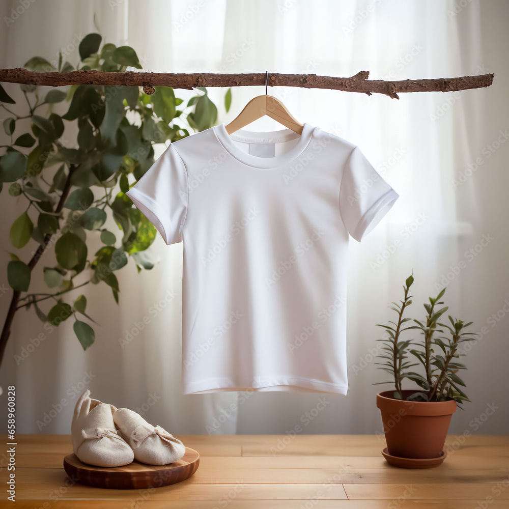 White blank baby t-shirt mockup in interior. Soft beige interior for baby - obrazy, fototapety, plakaty 