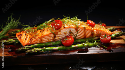 Baked salmon garnished with asparagus and tomatoes.