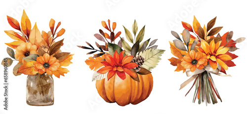 Set of hand-drawn cartoon bouquets with flowers and autumn leaves. Pretty floral illustrations for teachers day, harvest, thanksgiving day, september 1. Bouquets in pumpkin, jar or vase, ribbon.