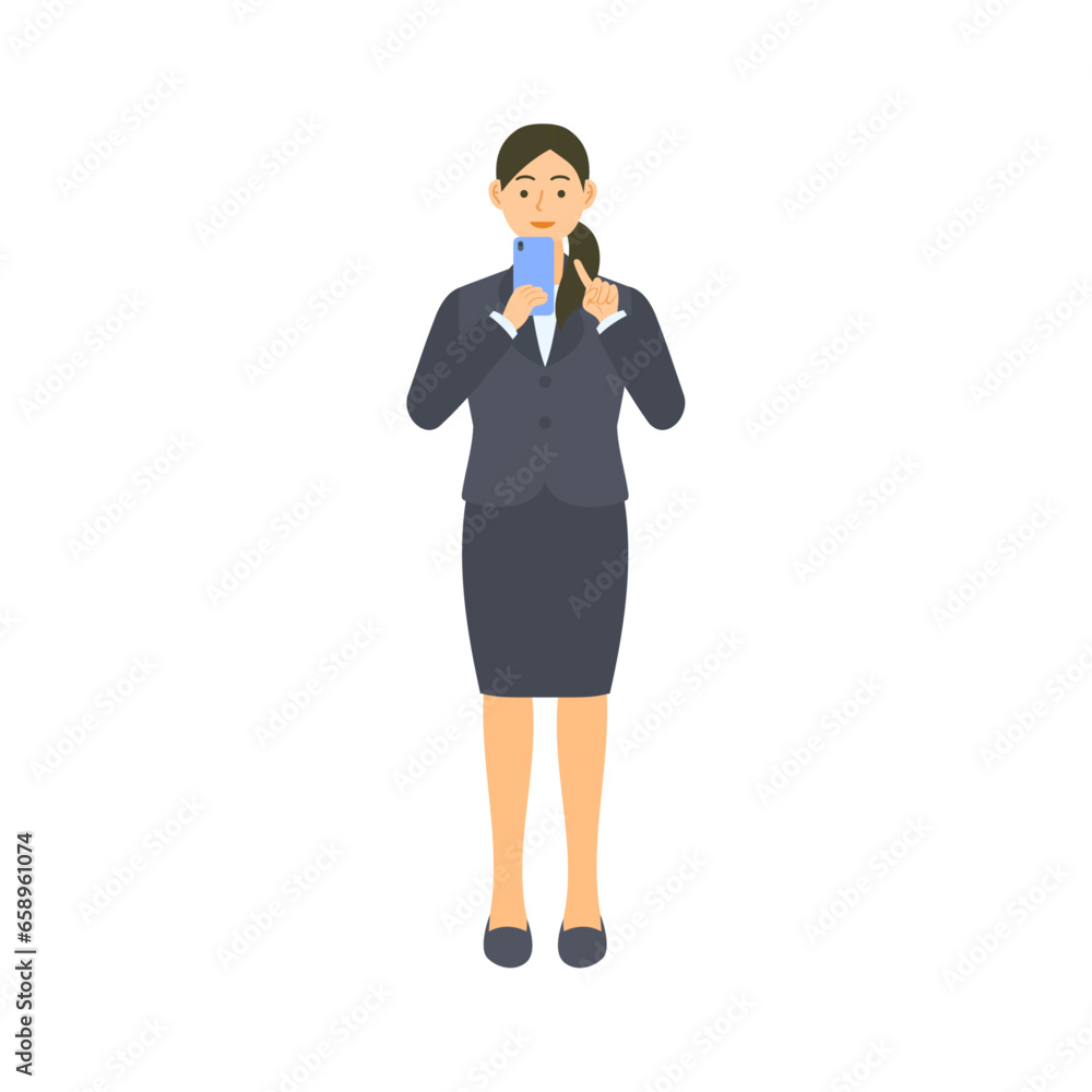 スマートフォンを操作する女性会社員。フラットなベクターイラスト。A female office worker operating a smartphone. Flat designed vector illustration. スマートフォンを操作する女性会社員。フラットなベクターイラスト。A female office worker operating a smartphone. Flat designed vector illustration.