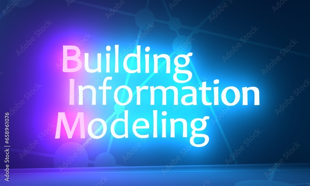 BIM - building information modeling. The concept of business. Industry construction, from start to finish. Acronym text concept background. Neon shine text. 3D render