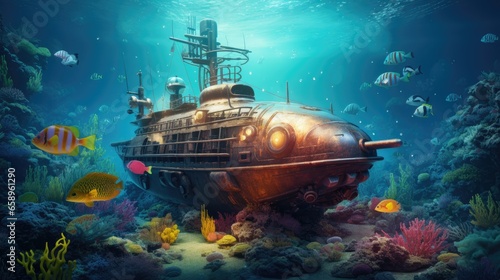 Retro submarine under the sea. 