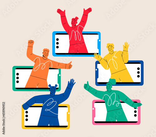 Friends online video call. Happy young on web windows communication. Colorful vector illustration