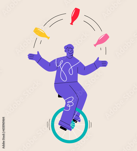Man is riding on unicycle and juggling different tasks. Multitasking concept. Colorful vector illustration