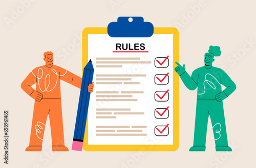Man and woman studying list of rules. Making checklist. Reading guidance. Colorful vector illustration