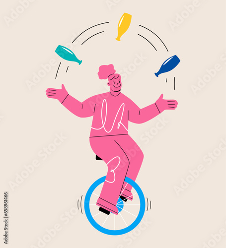 Woman is riding on unicycle and juggling different tasks. Multitasking concept. Colorful vector illustration