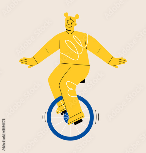 Woman riding single wheel bicycle. Colorful vector illustration