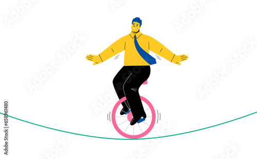 Business man riding bike one wheel on a rope. Flat vector illustration isolated on white background
